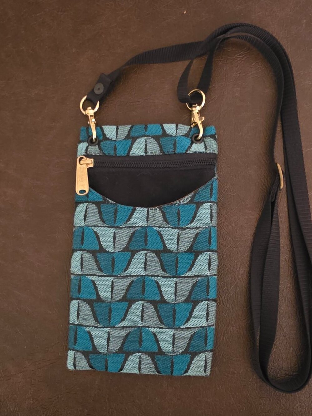 Danny K Tapestry Crossbody Bag with zip closure and black nylon strap